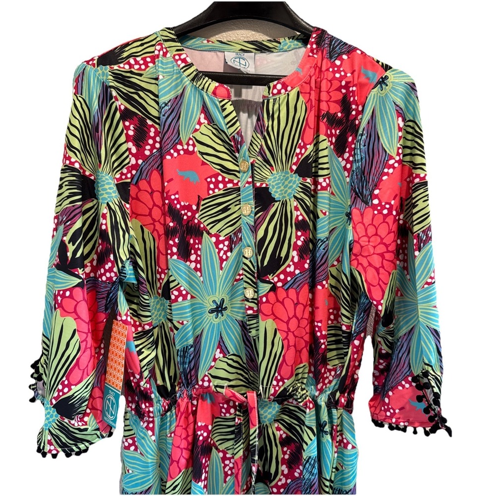 Tracy Negoshian Womens XL Floral Pompom Trim 3/4 Sleeve Tiana Dress Blooming NWT - Picture 2 of 10